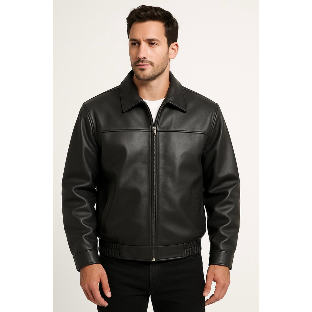 Mens Cambridge Classics Black Leather Bomber Zip-Up Moto 2X Style Edgy Retro Y2K